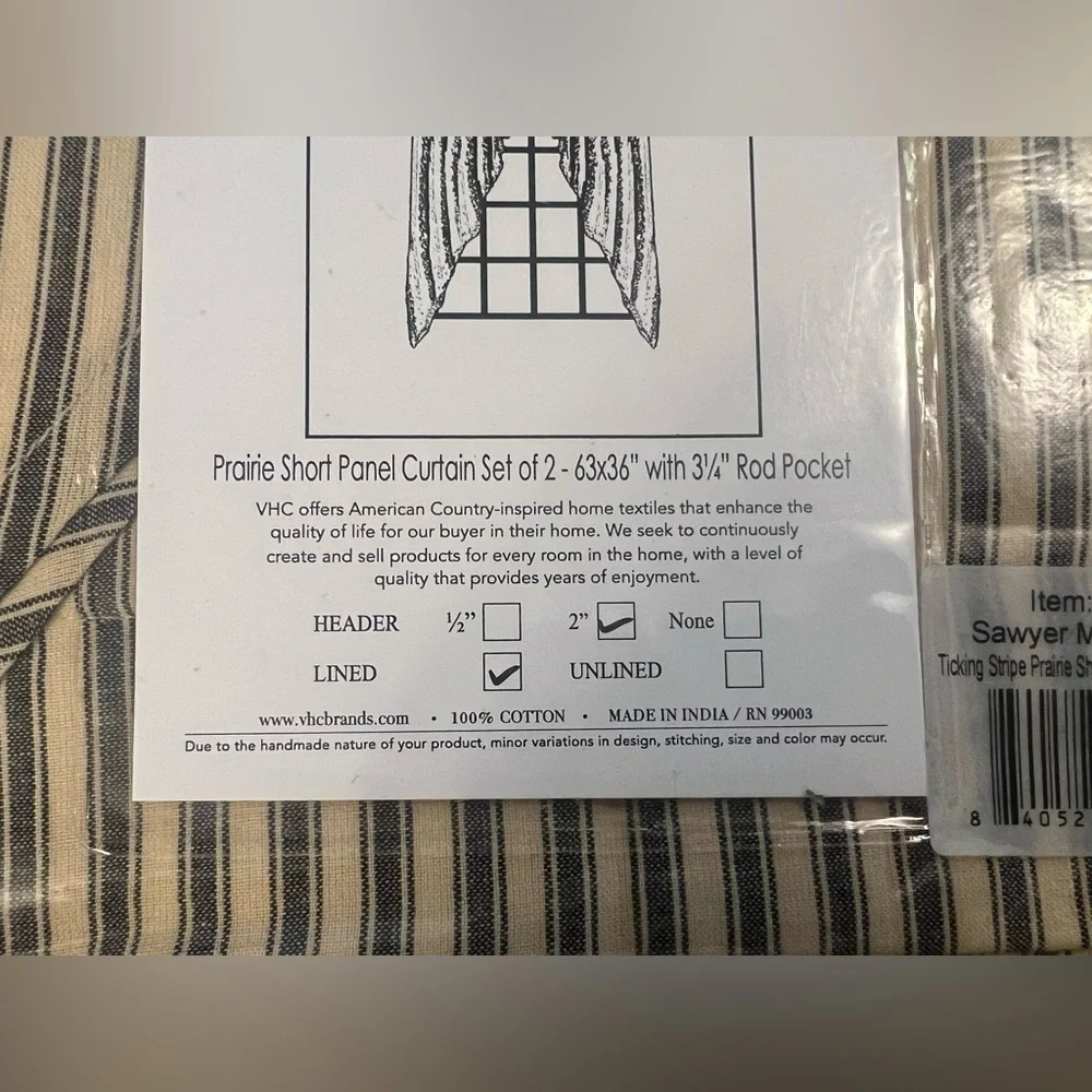 VHC Brands Sawyer Mill Charcoal Ticking Stripe Short‎ Panel Set 63x36 inches